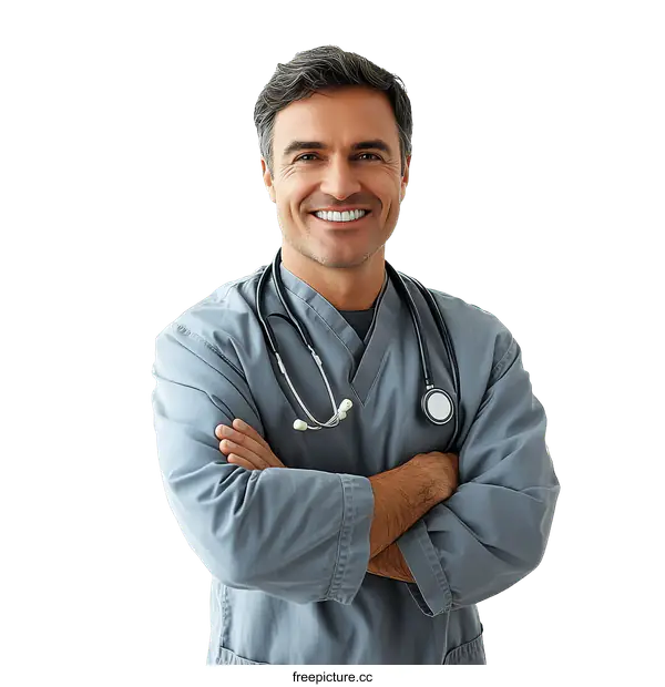 [Transparent Background PNG]Smiling Caucasian Male Doctor in Medical Uniform