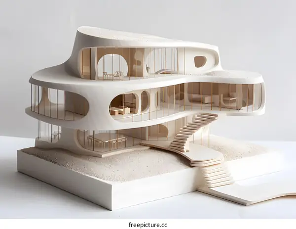 Modern Architectural Model of a House with Curved Lines and Large Windows