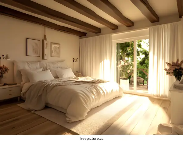 Modern Minimalist Bedroom Interior Design with Wooden Beams