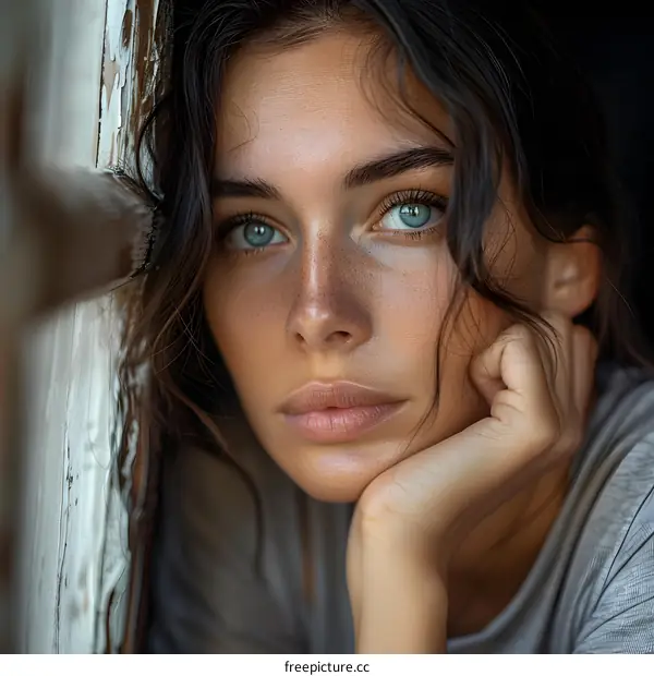 portrait of a beautiful young woman with freckles and blue eyes