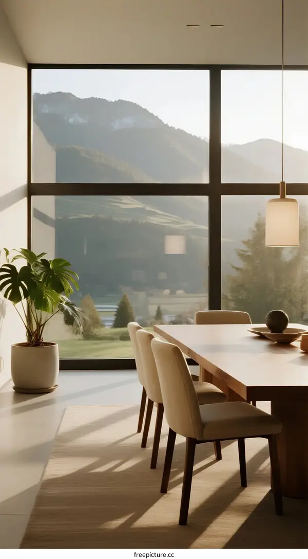 Modern Dining Room with Large Window Overlooking Mountain View