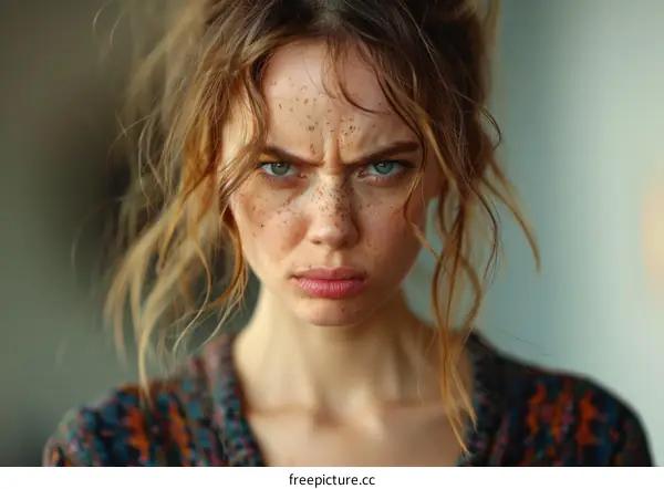 Closeup Portrait of a Woman with an Angry Expression