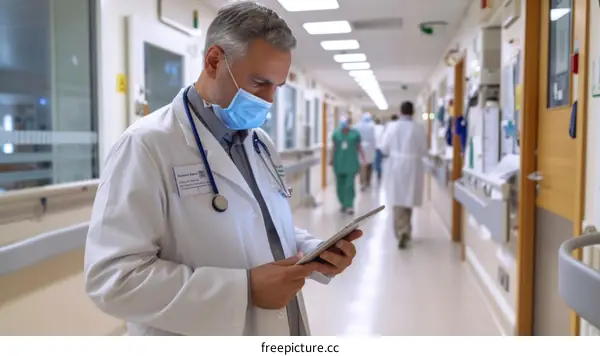 doctor using a tablet in a hospital hallway