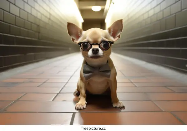 A Chihuahua dog wearing a bow tie and eyeglasses is sitting in a hallway