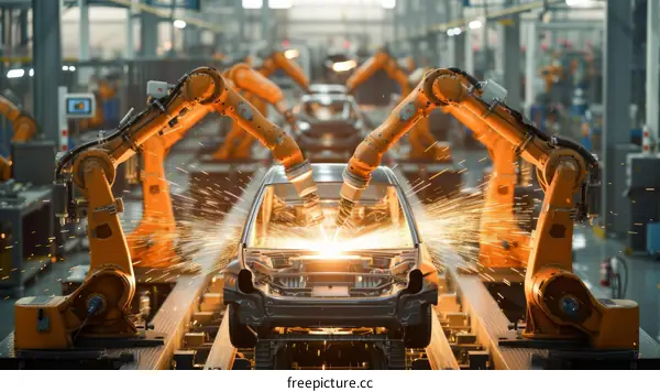 Car manufacturing robots welding car body in automotive production line