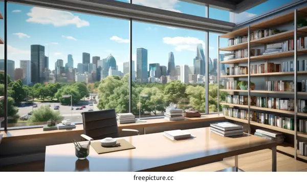 A modern office with a large window overlooking the city