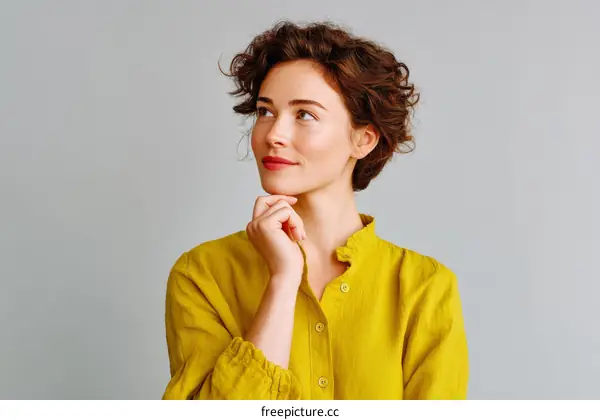Thoughtful Woman in Mustard Yellow Shirt