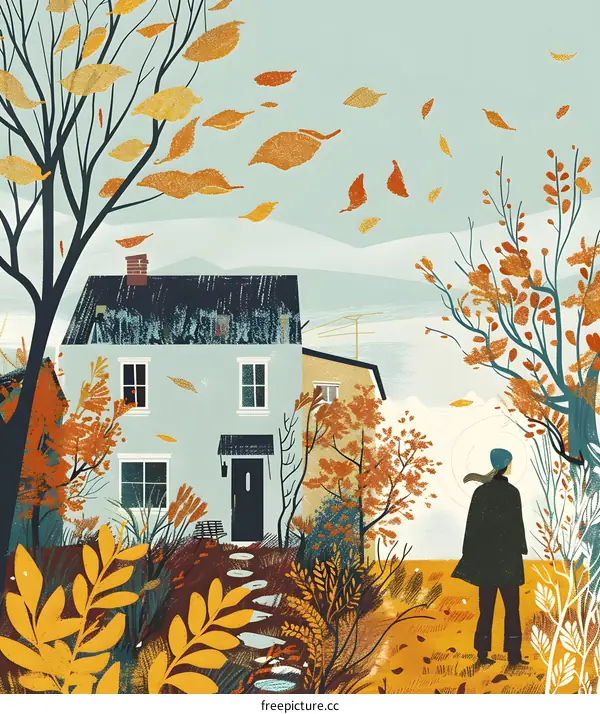 Autumn Illustration with Person in Front of House