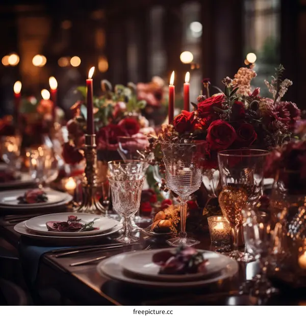 A beautifully set table with flowers and candles in red