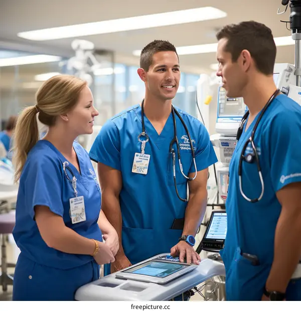 Three healthcare professionals in blue scrubs are discussing a patient's case while looking at a medical tablet.