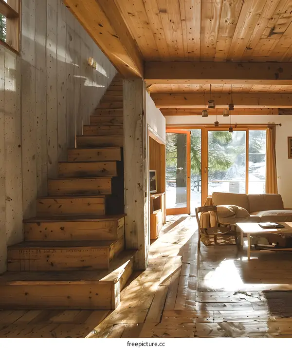 Wooden staircase and a wall made of concrete in a house with wooden interior