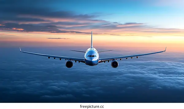 Airplane Flying Above Clouds at Sunset