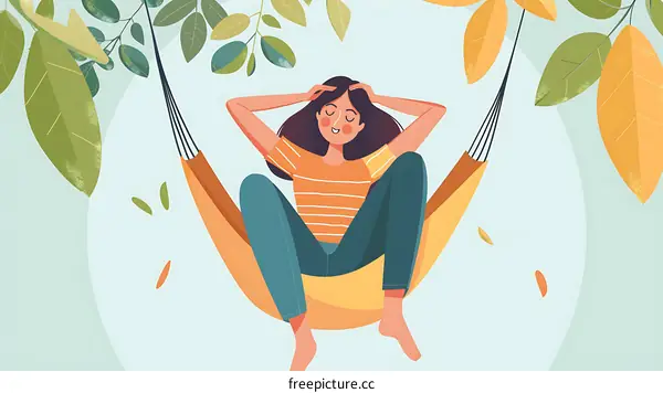 Woman Relaxing in Hammock with Leaves