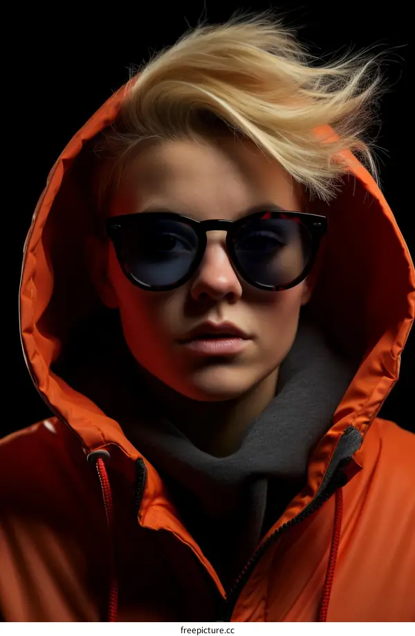 Portrait of a blonde woman in an orange hoodie