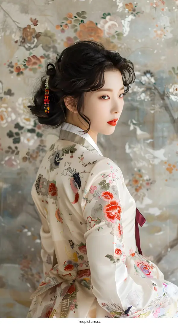 A beautiful Korean woman wearing a hanbok, a traditional Korean dress