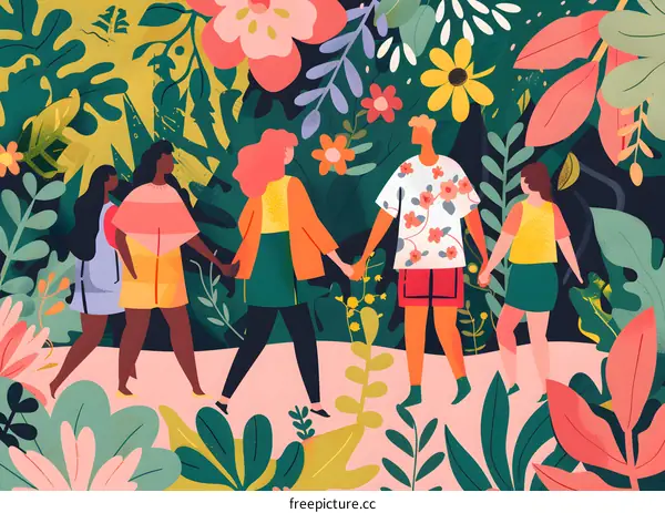 Group of Diverse People Walking Together in a Lush Tropical Garden