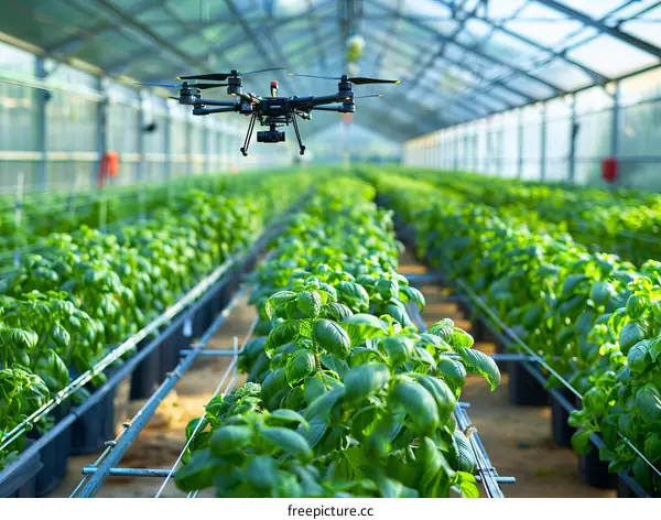 drone flying over a greenhouse full of basil plants