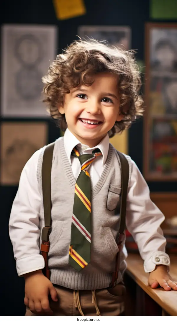 Portrait of a smiling boy with curly hair wearing a tie and suspenders