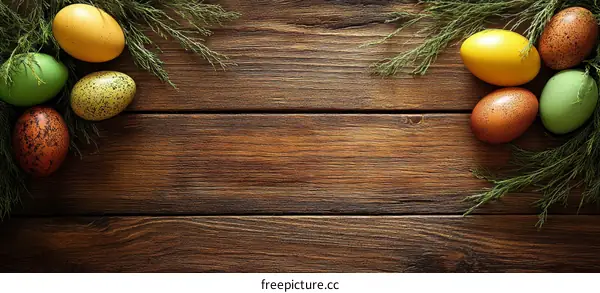 Colorful Easter Eggs on Wooden Background
