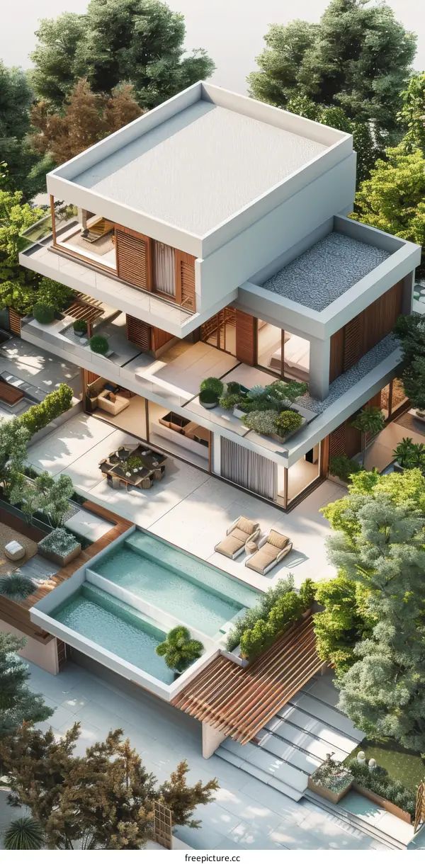 Modern Multi-Level House with Lush Landscaping