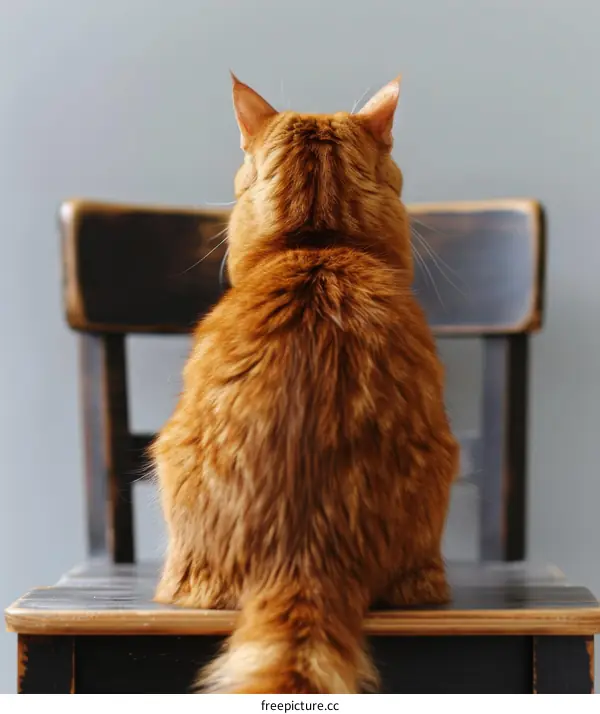 Fluffy orange cat sitting on a chair with its back turned to the camera