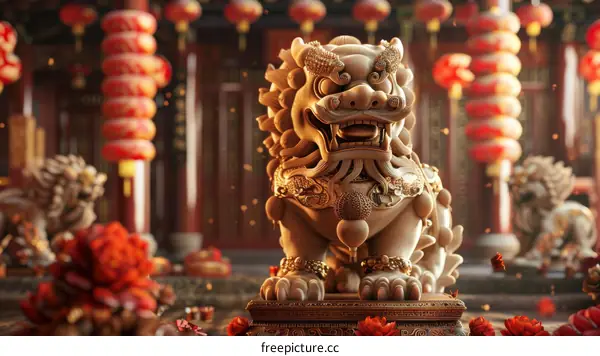 Exquisite Stone Lion Guardian Statue with Vibrant Colors and Fine Details
