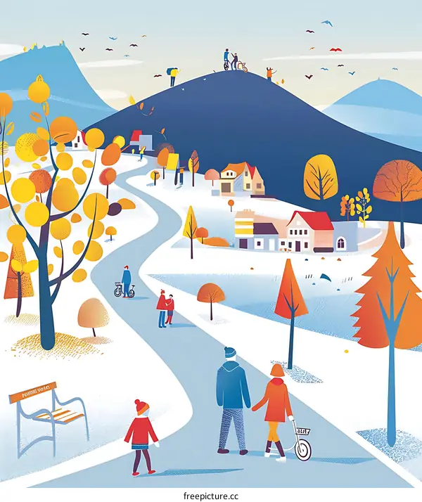 Autumn Landscape with People Walking on Winding Path