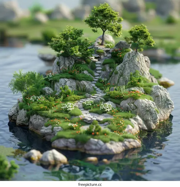 Island with Trees Grass and Flowers