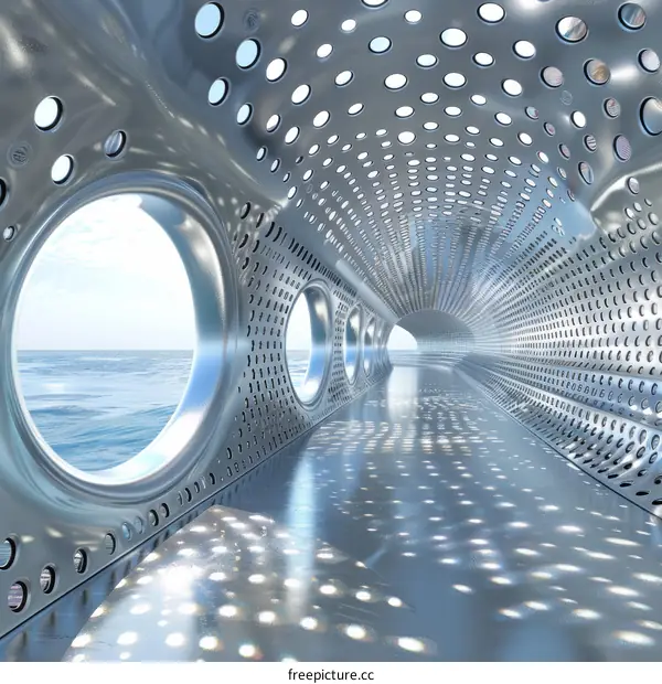 Futuristic tunnel with portholes and shiny floor