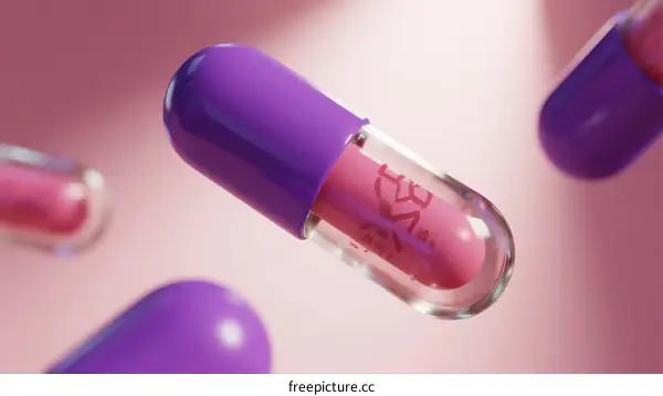 Purple and Pink Capsules Floating in Soft Pink Background
