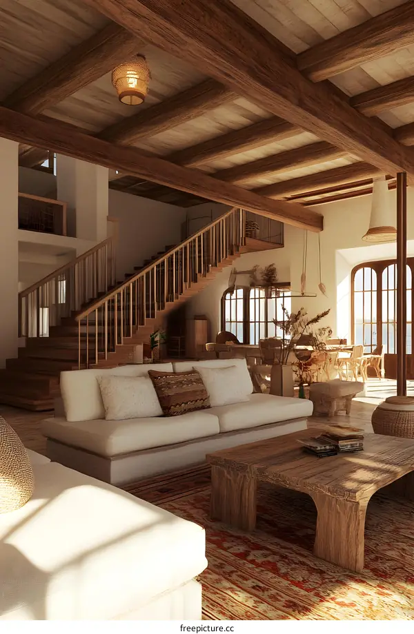 Rustic Farmhouse Living Room With Wooden Beams And Staircase
