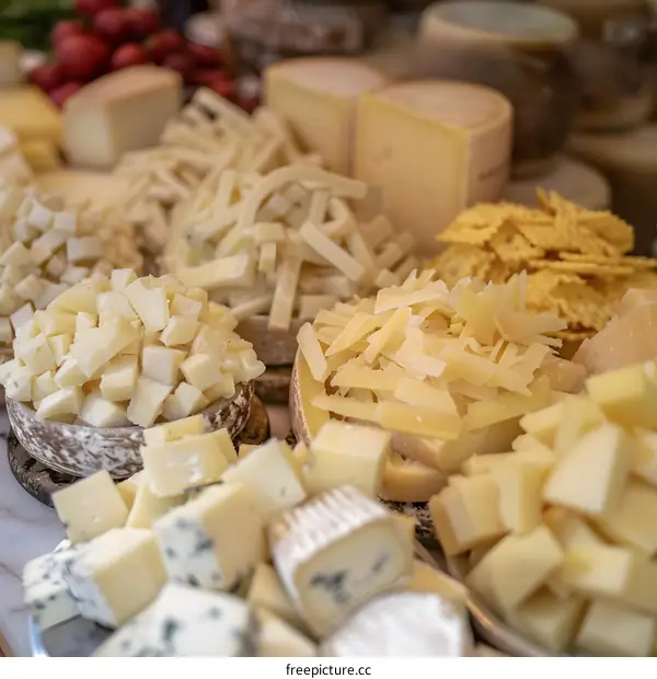 Assortment Of Different Types Of Cheese For Sale At A Market