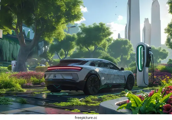 futuristic city street with electric car