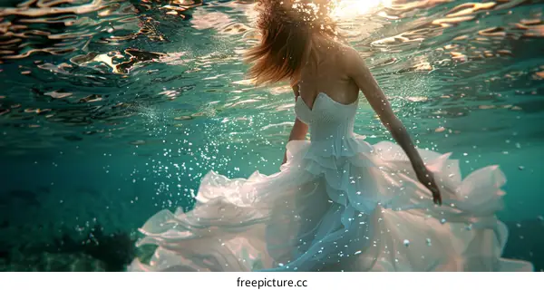 Underwater photoshoot of a woman wearing a white wedding dress