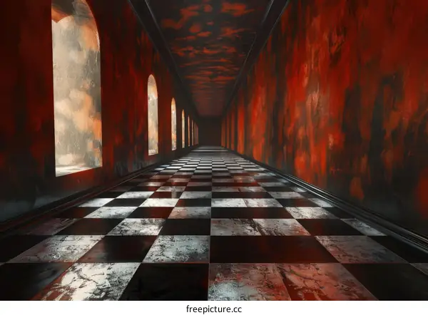 Symmetrical Red and Black Checkerboard Floor Hallway