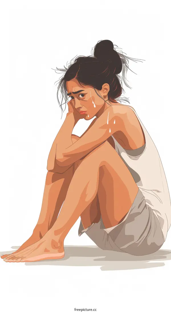 Illustration of a woman sitting on the ground and crying
