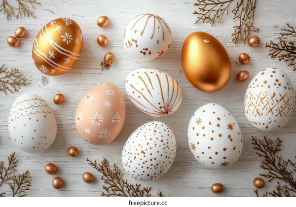 Festive Easter Eggs Decorated on a White Wooden Background