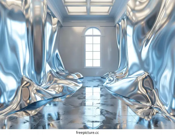 Metallic Silver Curtains and Floor: Minimalist Interior Design