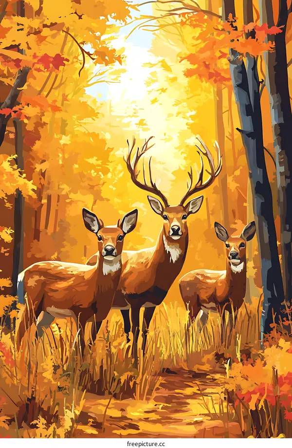 Three Deer in the Golden Autumn Forest