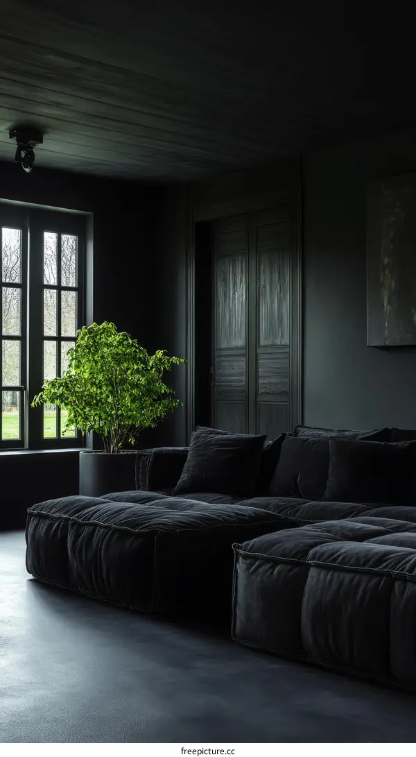 Modern Dark Living Room with Velvet Sectional