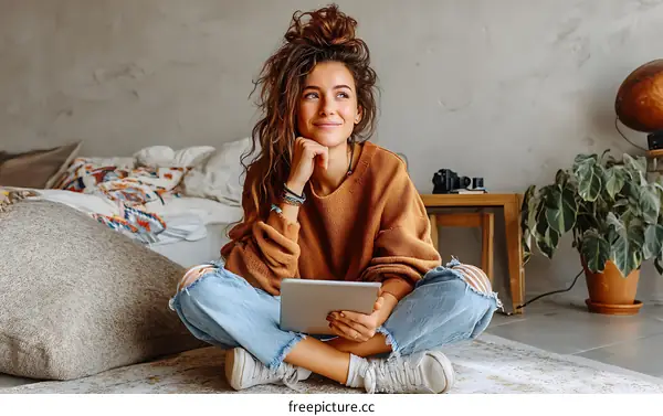 Woman Relaxing with Digital Tablet in Cozy Home