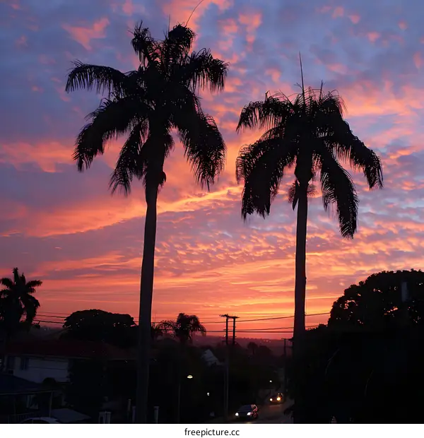 Two palm trees against a setting sun