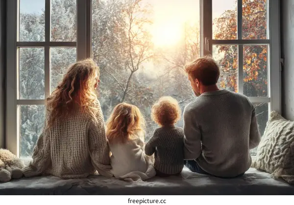 Family Watching Snowfall Through Window in Winter