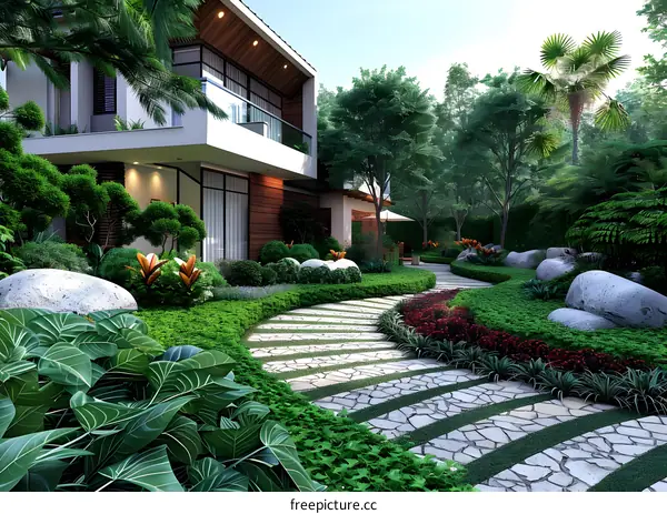 A modern villa with a beautiful garden