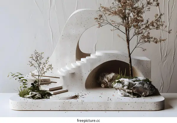 beige stone sculpture with stairs and dried plants