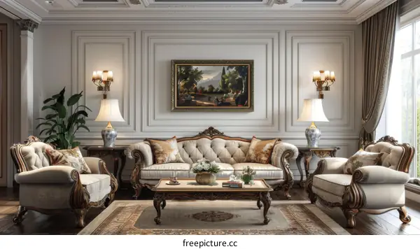 European style living room interior with two armchairs and a sofa