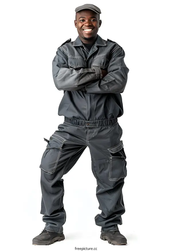 Studio shot of a smiling man wearing work clothes