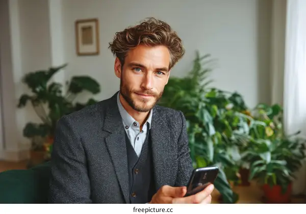 Stylish Caucasian Man Using Smartphone in Home