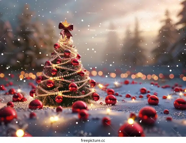 Christmas Tree Adorned with Red Ornaments Amidst Snowfall