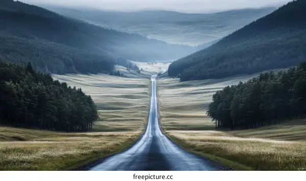 Tranquil Mountain Road Through a Misty Valley